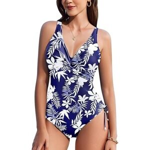AI'MAGE Navy Blue and White Tropical Floral One-Piece Swimsuit (XL)